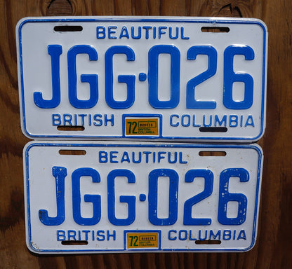 1972 British Columbia License Plate PAIR: Vintage Canada Tag Set