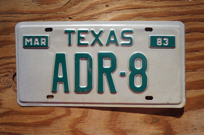 1983 Texas Vanity Vintage License Plate # ADR - 8