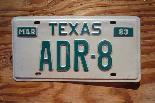1983 Texas Vanity Vintage License Plate # ADR - 8