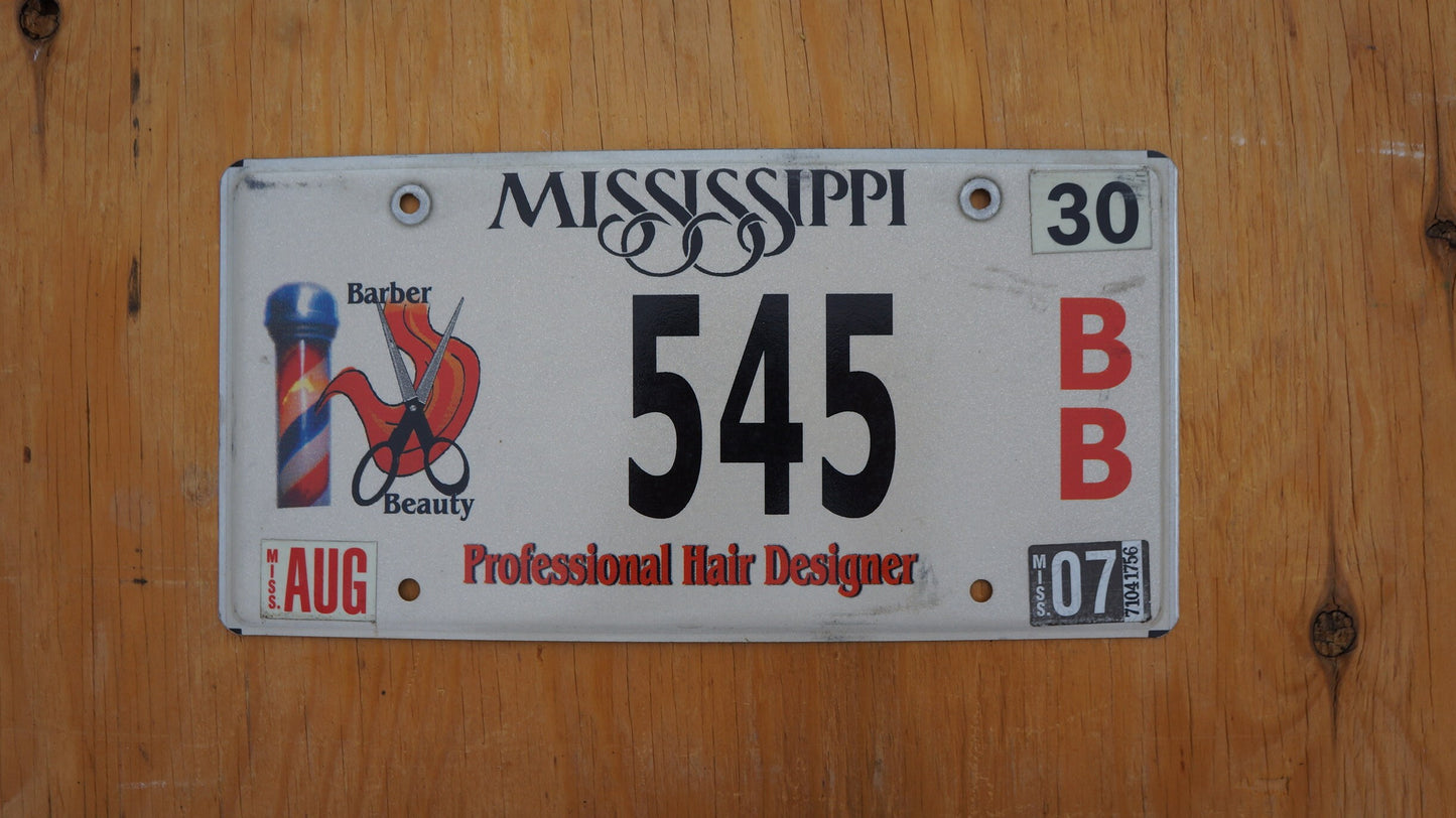 2007 Mississippi Professional Hair Designer Barber Beauty Scissors Graphic License Plate # 545