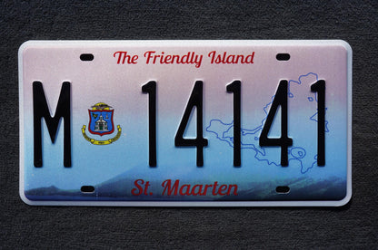 St Maarten Passenger License Plate # M - 14141 The Friendly Island, part of Netherlands Caribbean island