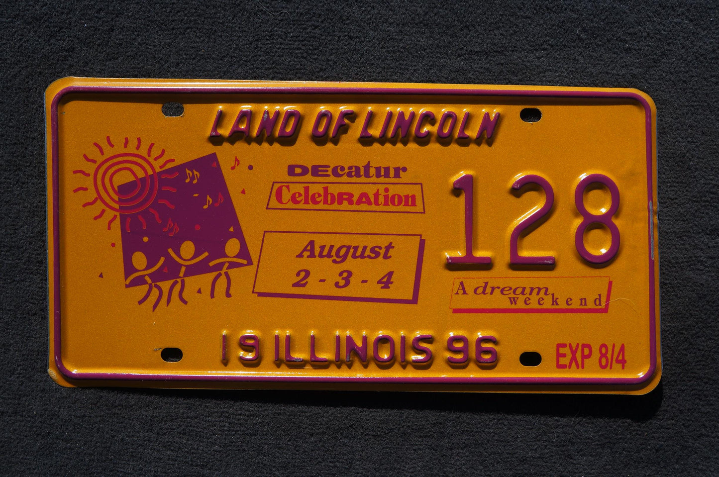 1996 Illinois Decatur Celebration 10th Anniversary A Dream Weekend License Plate # 128