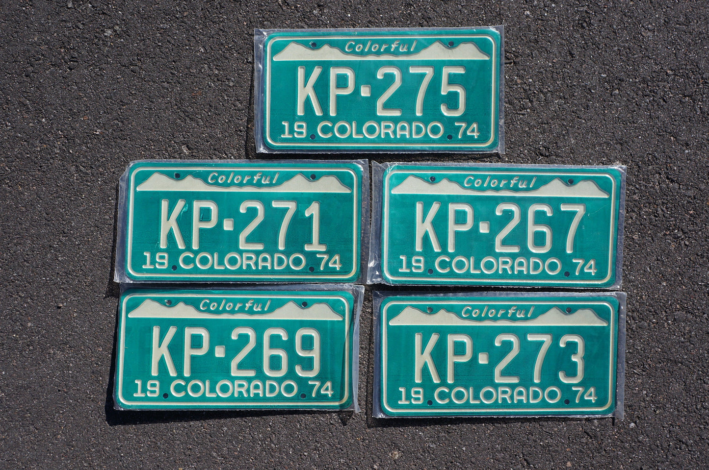 5 PAIRS - LOT OF 10: 1974 Colorado License Plate Pair Green Snow Mountain Set