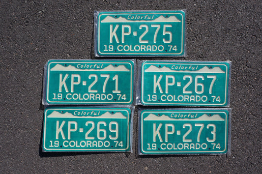 5 PAIRS - LOT OF 10: 1974 Colorado License Plate Pair Green Snow Mountain Set