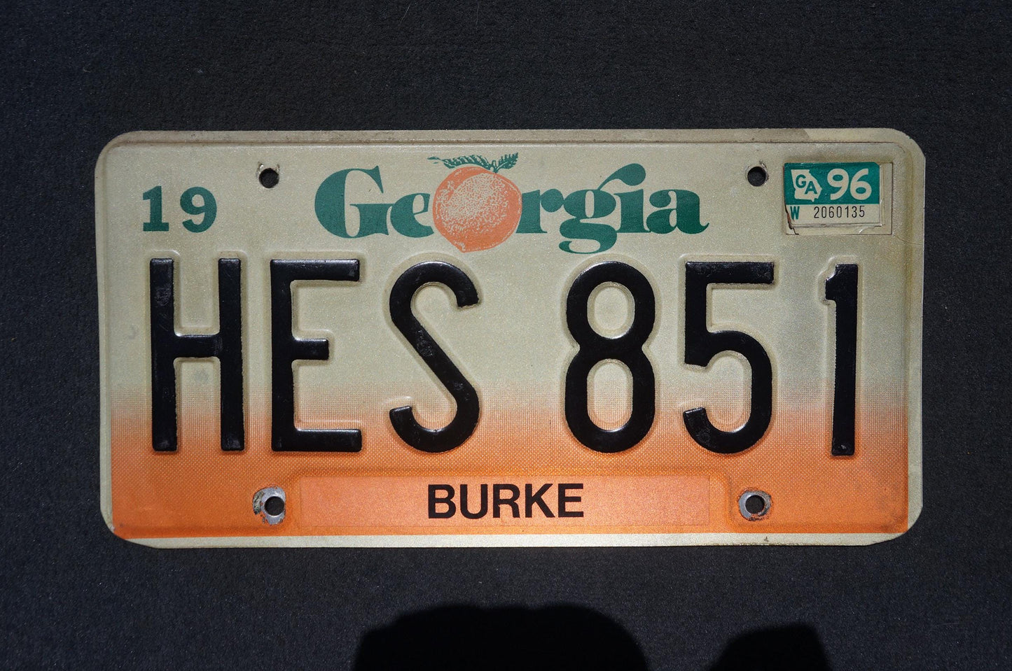 1996 Georgia Peach License Plate BURKE County # HES 851