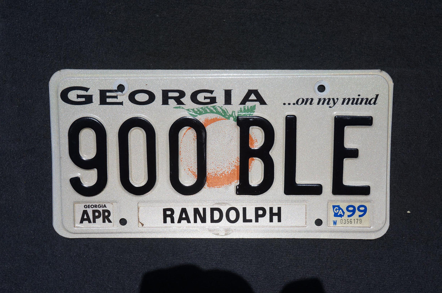 1999 Georgia On My Mind Peach License Plate RANDOLPH County # 900 BLE