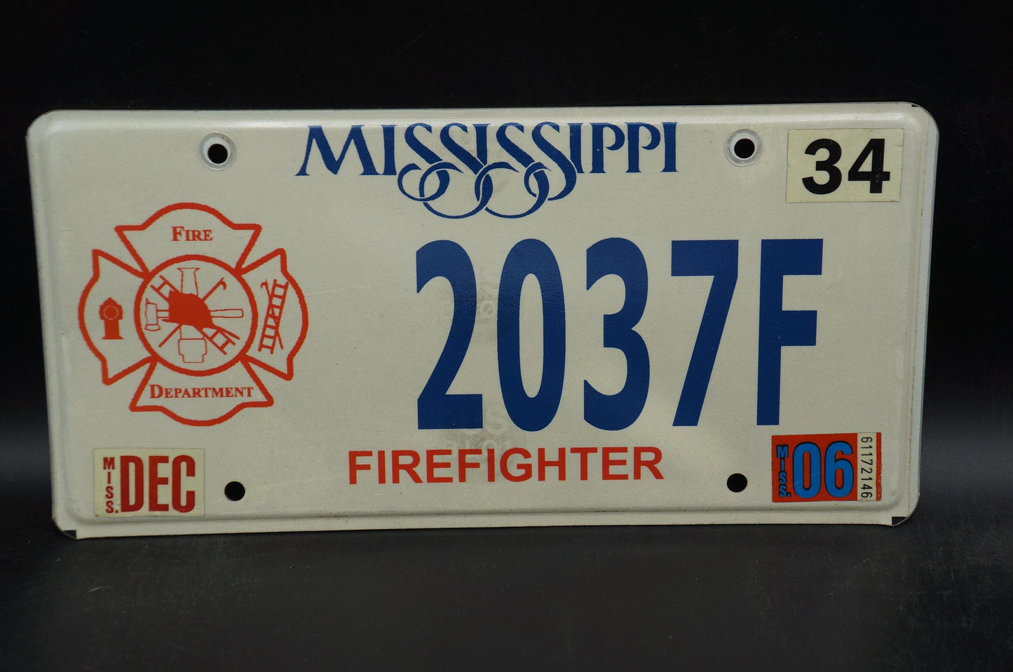 2006 Mississippi Firefighter License Plate Fire Department