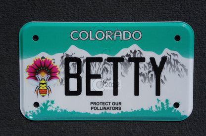 Expired Colorado Vanity MOTORCYCLE License Plate - BETTY - Elizabeth Betsy Bette Hetty