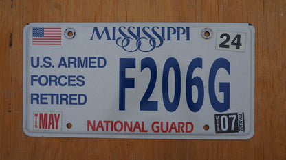 2007 Mississippi US Armed Forces Retired National Guard License Plate # F206G