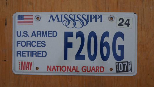 2007 Mississippi US Armed Forces Retired National Guard License Plate # F206G