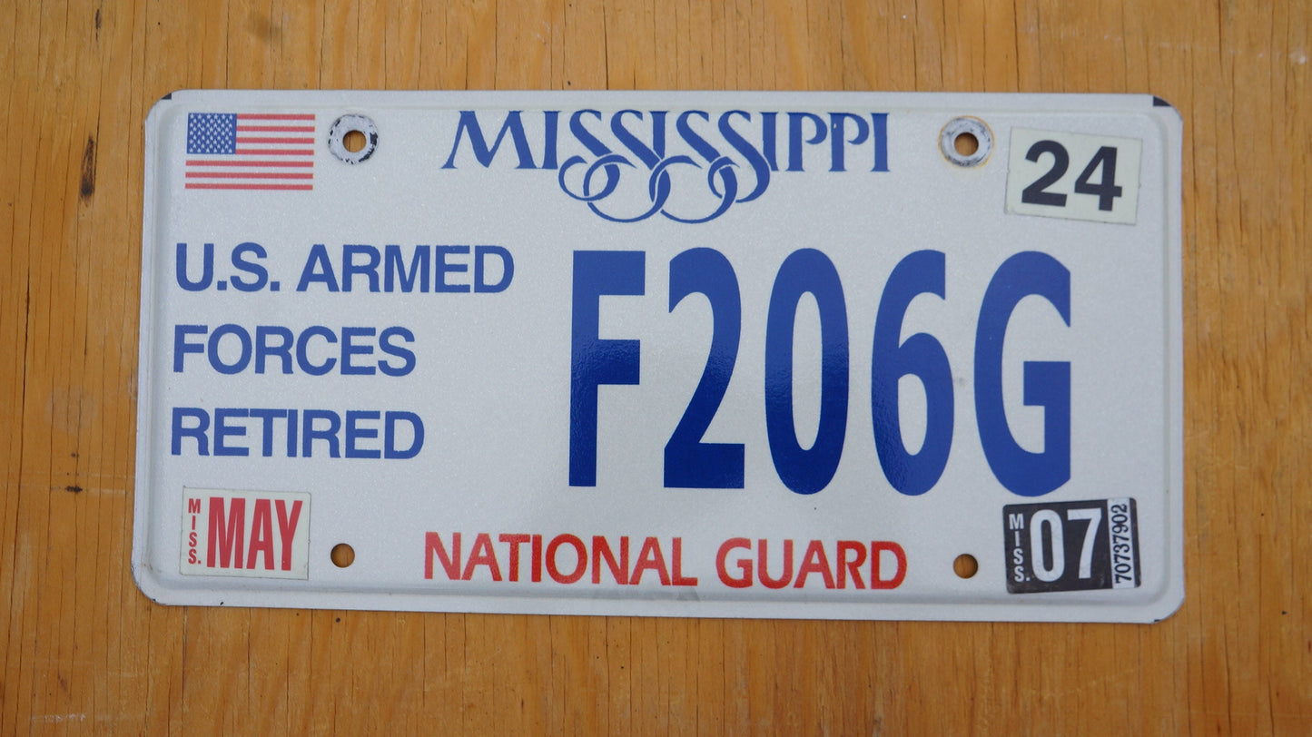 2007 Mississippi US Armed Forces Retired National Guard License Plate # F206G