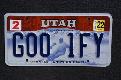 2022 Utah Skier License Plate # GOO 1FY