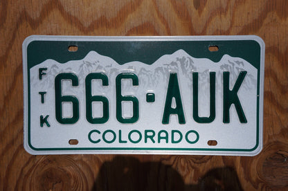 Colorado Snow Mountains Green License Plates # 666 - AUK