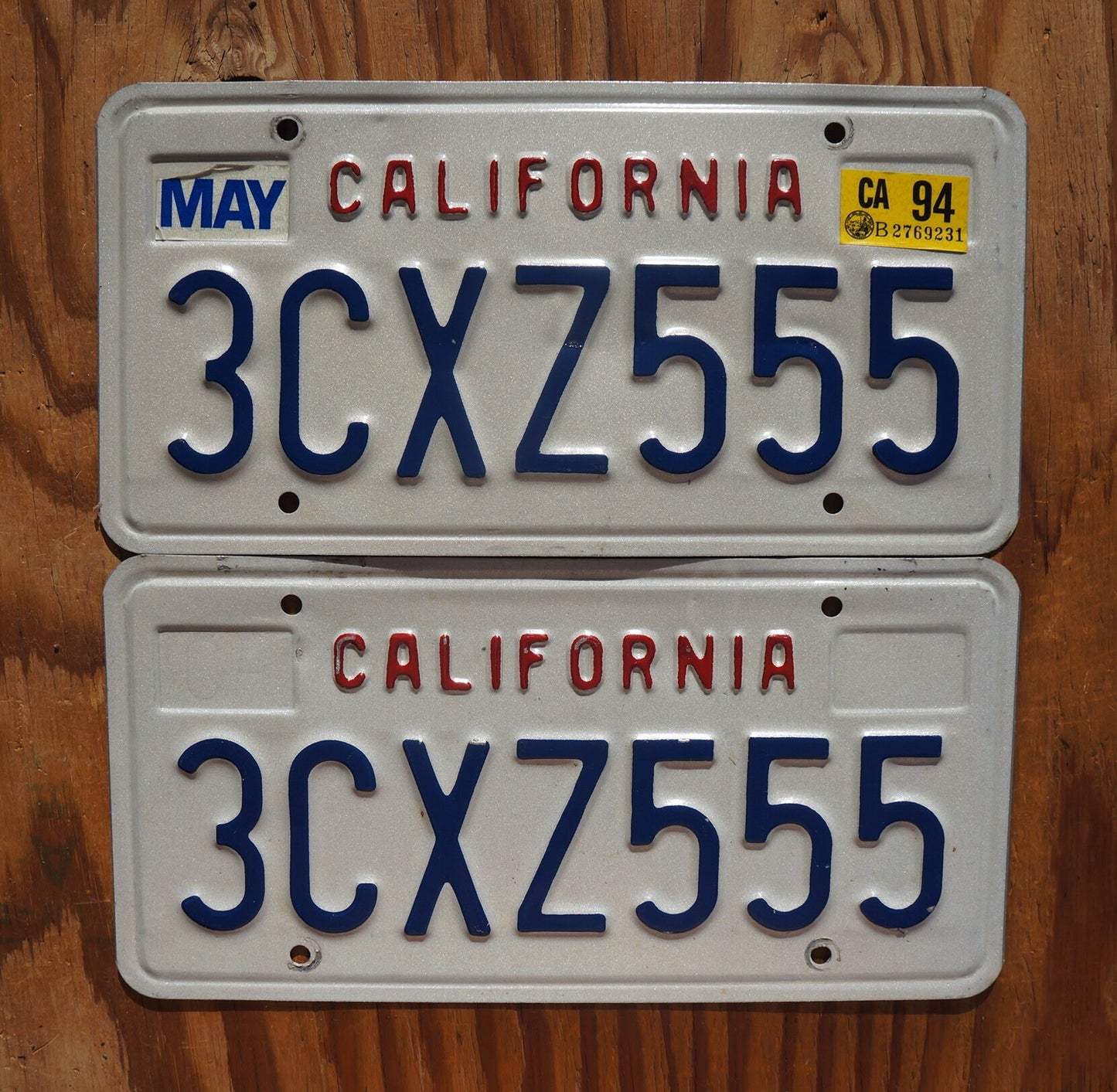 1994 California Vintage License Plate PAIR / SET # 3CXZ555