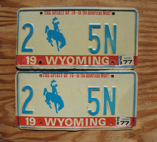 1977 Wyoming BICENTENNIAL Cowboy Horse License Plate SET / PAIR Low # 5N