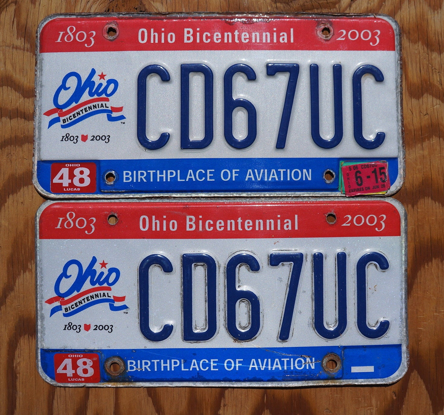 2003 Ohio BICENTENNIAL License Plate Pair / Set - Red White Blue