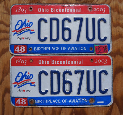 2003 Ohio BICENTENNIAL License Plate Pair / Set - Red White Blue