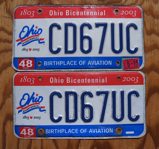 2003 Ohio BICENTENNIAL License Plate Pair / Set - Red White Blue