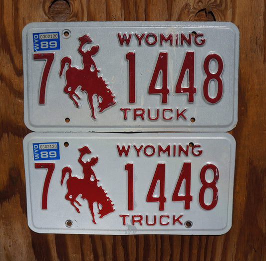 1989 Wyoming TRUCK Cowboy Horse Red License Plate Set / Pair # 1448