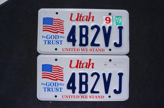 2019 Utah American Flag License Plate PAIR - In God We Trust