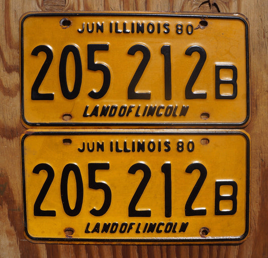 1980 Illinois Yellow License Plate Pair / Set - Land of Lincoln