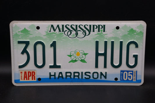 2005 Mississippi Embossed Green White Magnolia Flower License Plate # 301 HUG