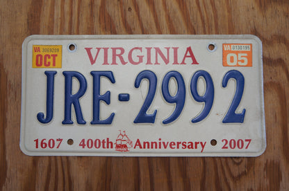 2005 Virginia 400th Anniversary License Plate # JRE - 2992