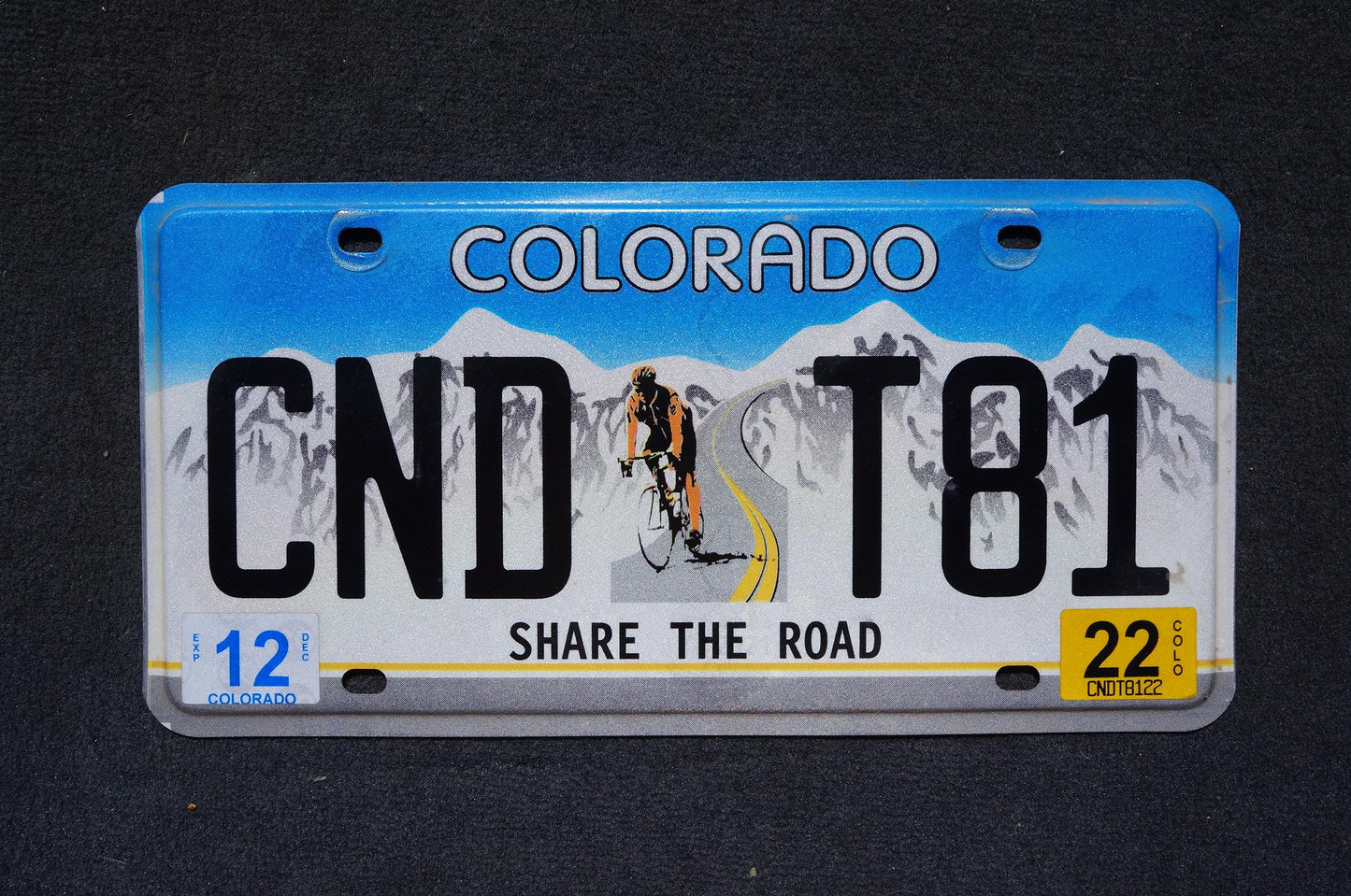 2022 Colorado SHARE THE ROAD Snow Mountains Blue License Plate Biker Cyclist Biking