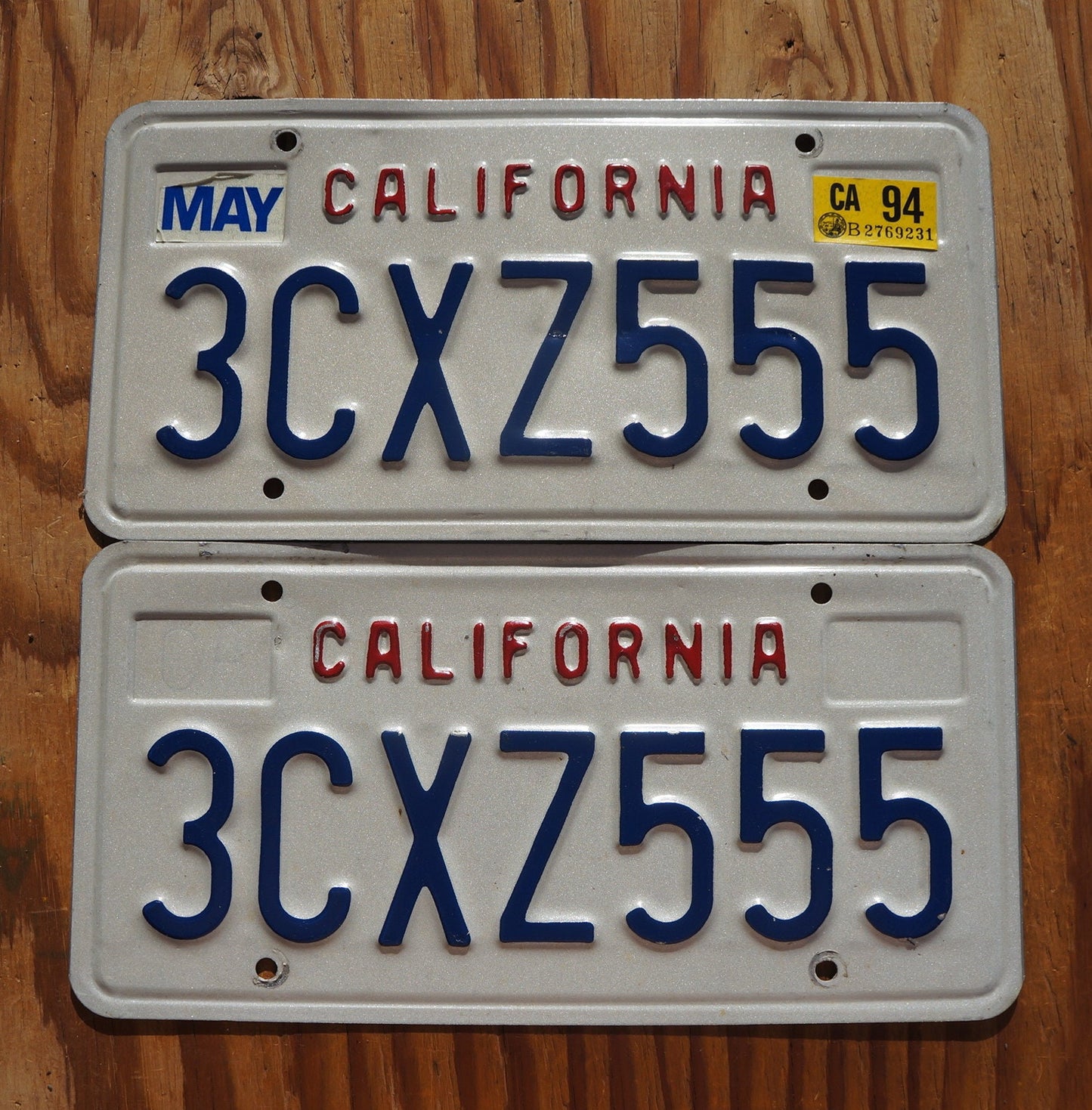 1994 California Vintage License Plate PAIR / SET # 3CXZ555